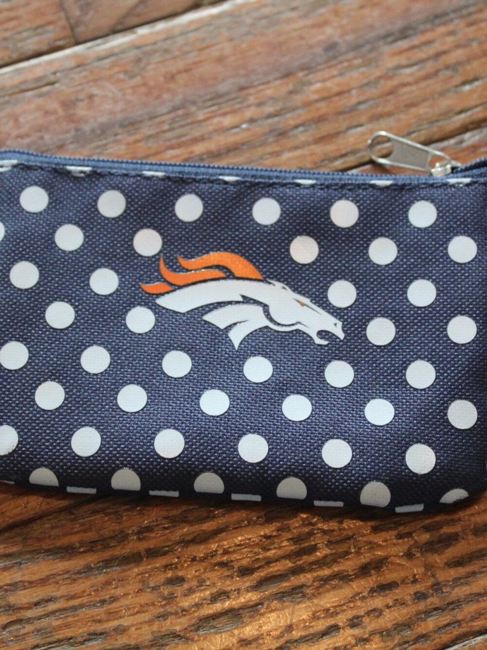 Denver Broncos Coin Purse w/Key Chain Blue white polka dots